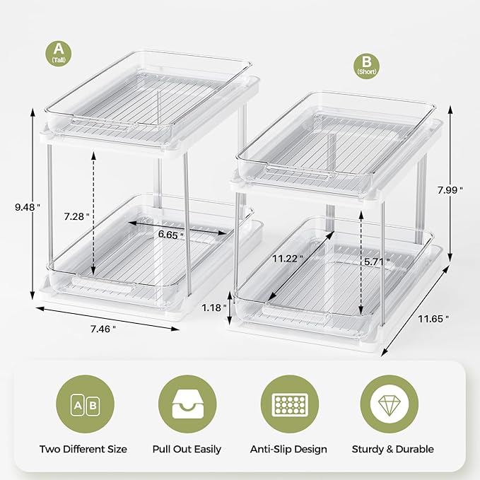 Delamu 2-Tier Bathroom Under Sink Organizers and Storage, Pull Out Cabinet Drawers with Anti-Slip Design & Two Sizes, Multi-Purpose Storage for Kitchen, Pantry, Bathroom & Home Organization, 2 Pack