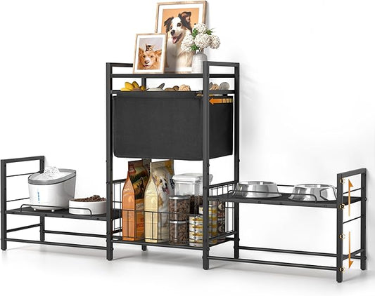 Elevated Dog Bowl Stand with 2 Feeding Stations, Adjustable Raised Feeding Station Cabinet with Toy Bin Basket, Lifted Food and Water Bowl Holder, Pet Storage Organizer for Large Medium Small Dogs