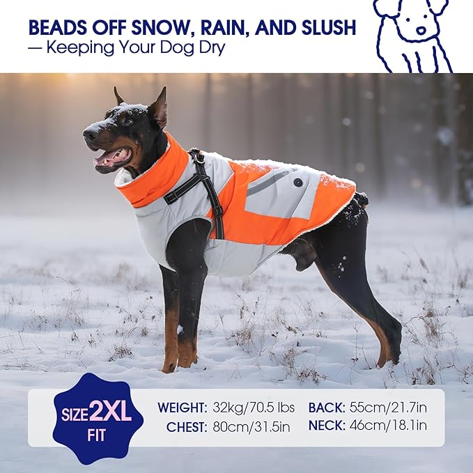 FUAMEY Dog Winter Jackets for Small Dogs,Dog Coat with Harness Built in,Waterproof Dogs Snowsuits Warm Pet Jacket Zip Up Fleece Cold Weather Coats Reflective Safety Pets Hunting Vest Orange S