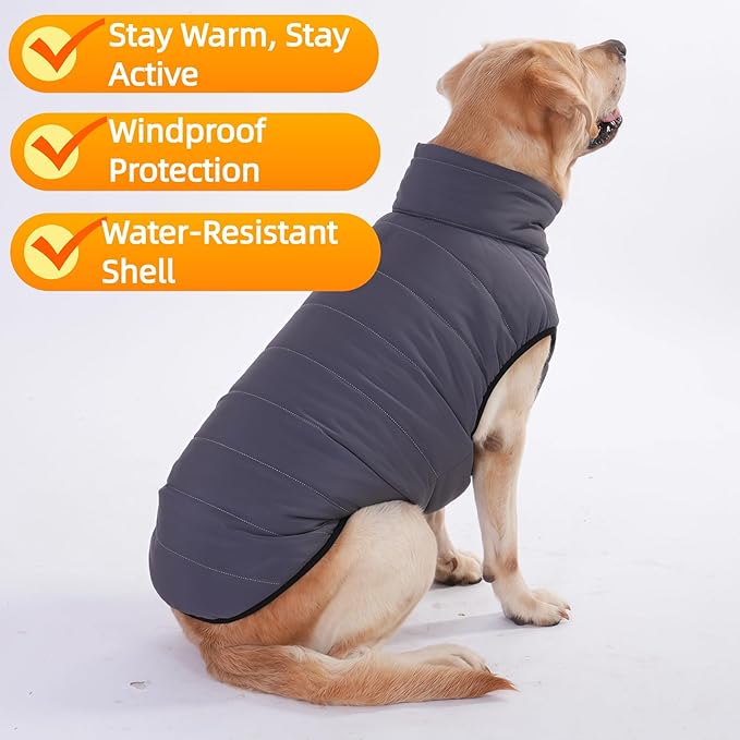 LovinPet Reversible Dog Puffer Coat for Medium & Large Dogs, Down‑Insulated Winter Jacket, Water‑Resistant & Wind‑Resistant, Anti‑Static, Dual-Sided Black & Grey for Cold Weather,XL