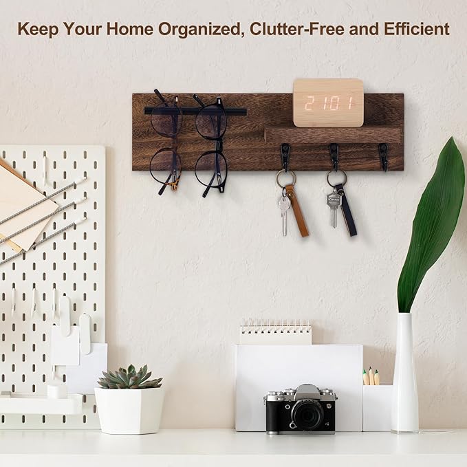 Key Holder for Wall, Decorative Entryway Shelf with Hooks Holds Keys, Dog Leash, Sunglasses – Key Hanger with 3 Hooks Organizes, Enhances Home Decor (15” x 4.5” x 2.6”) (Brown)
