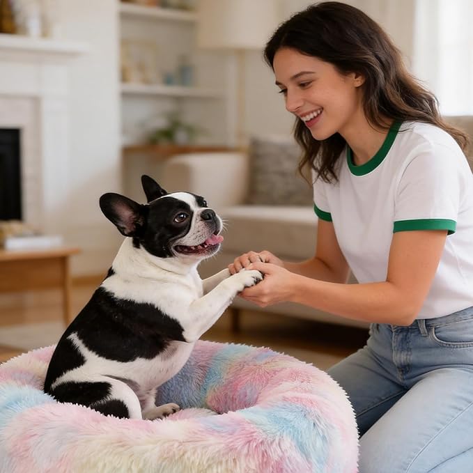 Dog Calming Beds for Small Medium Large Dogs - Round Donut Washable Puppy Dog Bed, Anti-Slip Faux Fur Fluffy Donut Cuddle Anxiety Cat Pet Bed(28'' Color)