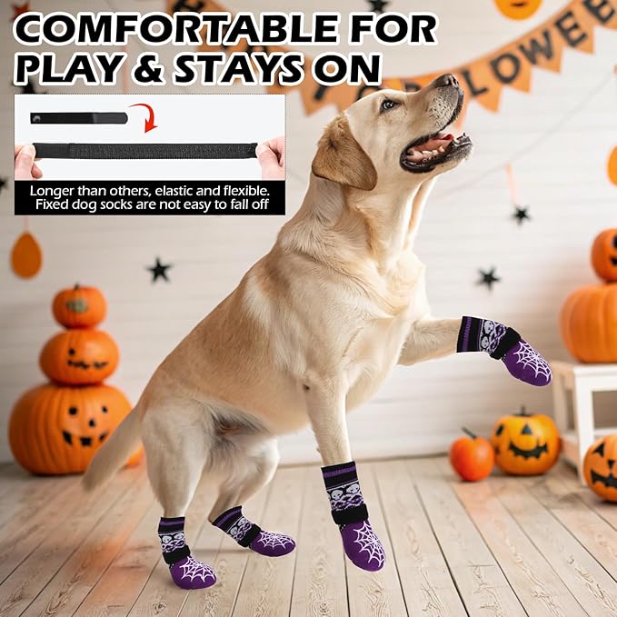 EXPAWLORER Halloween Anti Slip Dog Socks to Prevent Licking Paws, Boots & Paw Protectors with Spider Web Grippers,Doggie Booties for Hardwood Floors for Small Medium Large Senior Dogs Purple Ghost S