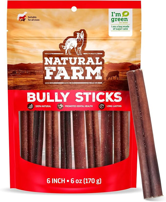 Natural Farm Odor-Free Bully Sticks (6 Inch, 6 Ounces), Packaged by Weight, 100% Beef Chews, Grass-Fed, Fully Digestible Treats to Keep Your Puppies, Small and Medium Dogs Busy