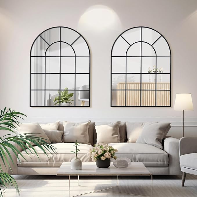 Arched Windowpane Wall Mirror 30"x40" Black Wall Mounted Art Pane Mirror Farmhouse Decorative Mirror Leaning Hanging Wall Mirror for Bedroom Living Room Entrance Hallway Wall Decor