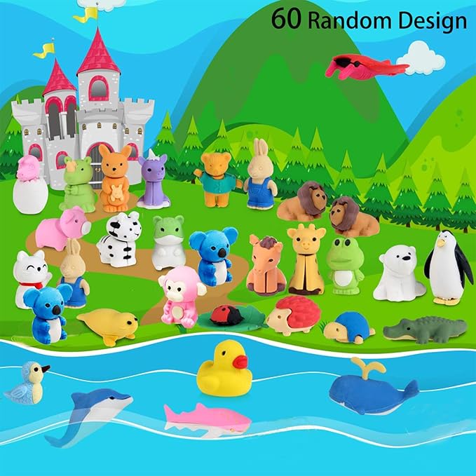 60Pcs Animal Erasers Desk Pets for Kids Animal Pencil Erasers Bulk Puzzle Eraser Toys Gifts for Classroom Prizes,Game Reward,Treasure Box,Easter Egg Fillers,Goodie Bag Stuffers,Party Favors