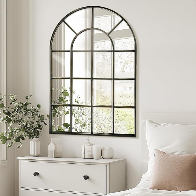 Arched Windowpane Wall Mirror 30"x48" Bronze Wall Mounted Art Pane Mirror Farmhouse Decorative Mirror Leaning Hanging Wall Mirror for Bedroom Living Room Entrance Hallway Wall Decor