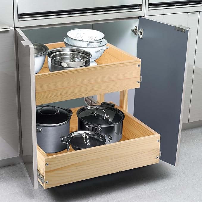 Pull Out Cabinet Organizer, 14''W×21''D×16''H Soft Close Slide Out Wood Drawer Shelves Storage for Kitchen, 2-Tier, Finished, Heavy-Duty, Bottom Assembly