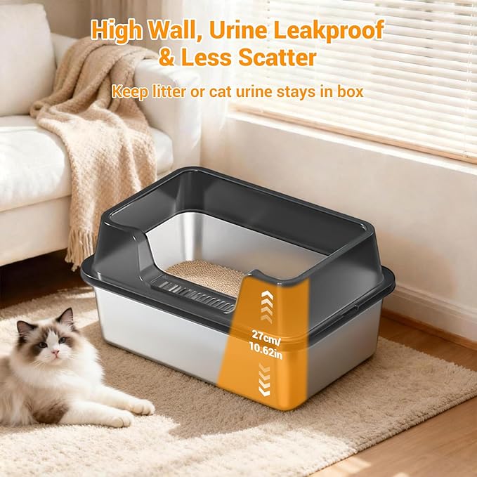 Enclosed Stainless Steel Cat Litter Box with Lid, XL Extra Large Litter Box for Big Cats, Metal Litter Pan High Sided, Never Absorbs Odors, Anti-Urine Leakage, Easy Cleaning, Include Scoop