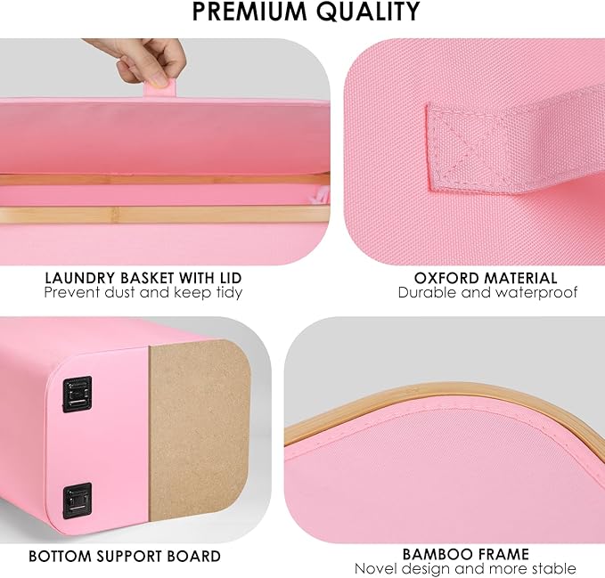 WELTRXE Laundry Hamper on Wheels 110L Large Clothes Basket with Lid and Extended Handles, Foldable Laundry Hamper for Bedroom, Bathroom, Dorm, Laundry Room, Pink Rolling Laundry Basket with Wash Bag