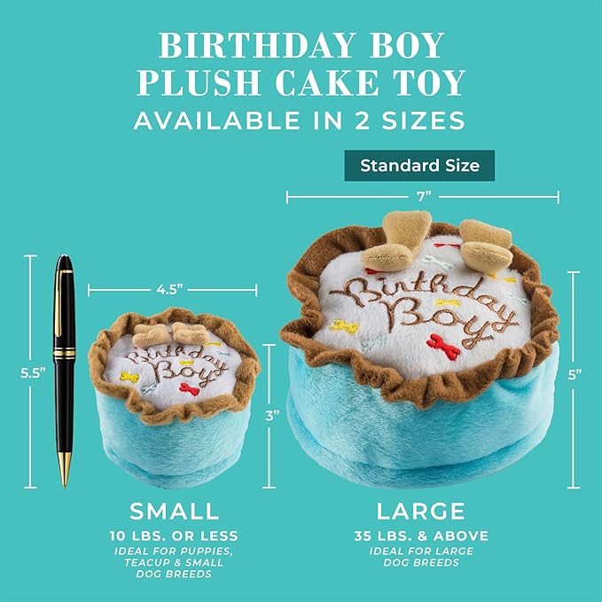 Haute Diggity Dog Birthday Boy Cake, Plush Designer Dog Toys with Interactive Squeaker, Stimulating Pet Enrichment, Machine-Washable & Safe Materials for All Breeds, Size Small