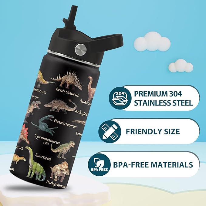 Dinosaur Gifts, 16 oz Water Bottle with Straw Lid, Stainless Steel Insulated Water Bottle for Travel Outdoor, Dinosaur Cup for Dinosaur Lovers (1pcs)