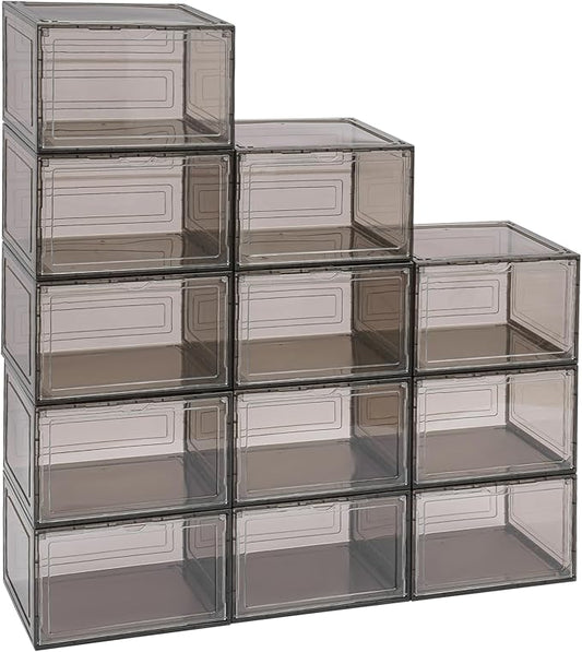 12 Pack Stackable Shoe Box,Semi-Transparent Plastic Sneaker Box,Free Standing Shoe Containers,Acrylic Shoe Display Case,Sneaker Storage,for Shoes,Clothes, Purses,13.39*10.63*8.66in (Black Brown)