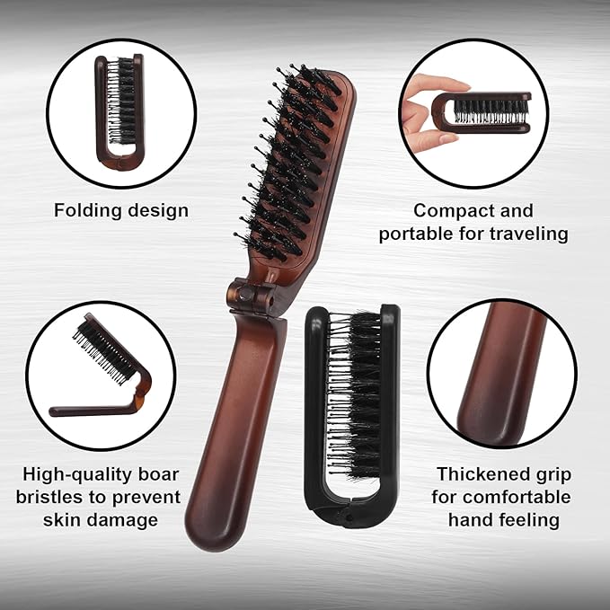 2 Pack Foldable Hair Brush Travel Hairbrush, Boar Bristle Hair Brush Portable Collapsible Pocket Comb for Women and Men, Suitable for Travel, Purse, Anti-Static Design (Amber & Black)