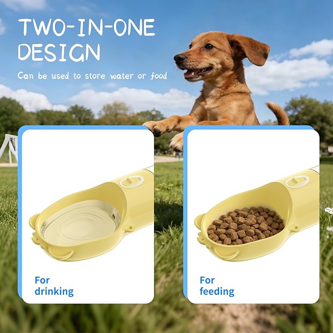 YFL Portable Dog Water Bottle with Food Container - 2 in 1 Travel Puppy Water Dispenser with Crossbody Sling & Strap - Leak Proof, Aesthetic Dog Walking Accessory for Hiking (Yellow)