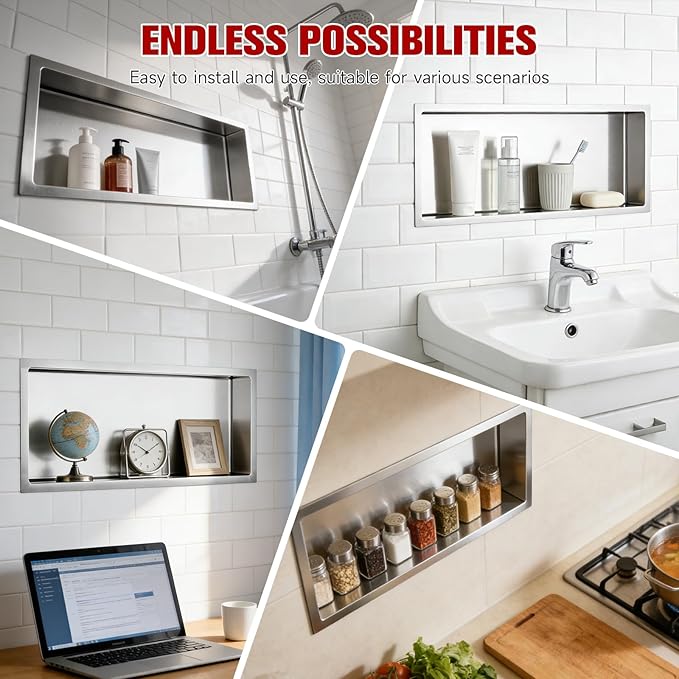 No Tile Needed Shower Niche 13"X 31", Bathroom Wall Niche Single Shelf, Stainless Steel Shower Niche for Bathroom, Kitchens, Balconies