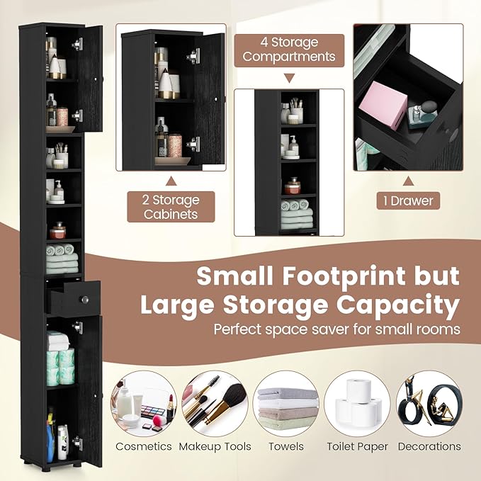SIMOE Tall Bathroom Storage Cabinet, 8" Slim Narrow Floor Cabinet with 5 Adjustable Shelves & Drawer, 32.5lbs Heavy-Duty 71" Freestanding Skinny Linen Tower for Small Spaces, Moisture-Proof, Black