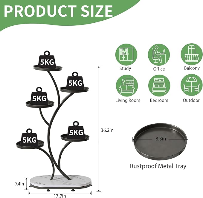 Black 5 Tier Wood Metal Tall Shelf Multiple Plant Holders Plant Stand for Indoor, Outdoor, Corner, Living Room, Balcony, and Bedroom