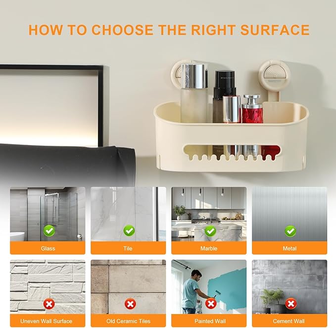 suntree Suction Cup Shower Caddy - Strong Hold, Holds 22lb, No Drill Needed, Waterproof Bathroom Shelf Organizer for Shampoo Bottles, Cream White