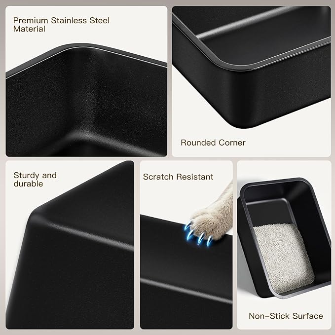 Stainless Steel Cat Litter Box - Large Metal High Sided Litter Pan, Non-Stick & Odor-Free, Easy to Clean, Anti-Leakage Pet Toilet for Cats/Kittens/Rabbits（17.7" L x 13.8" W x 6" H）