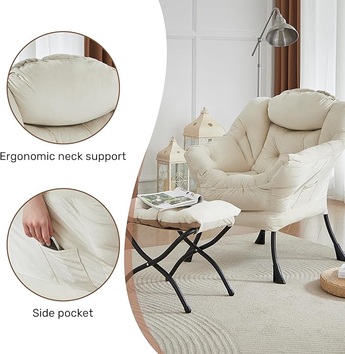 HollyHOME Lazy Chair with Foldable Ottoman, Accent Comfy Lounge Armchair and Folding Footrest Stool, Leisure Sofa Reading Chair and Footstool for Living Room, Bedroom, Dorm,Velvet Beige
