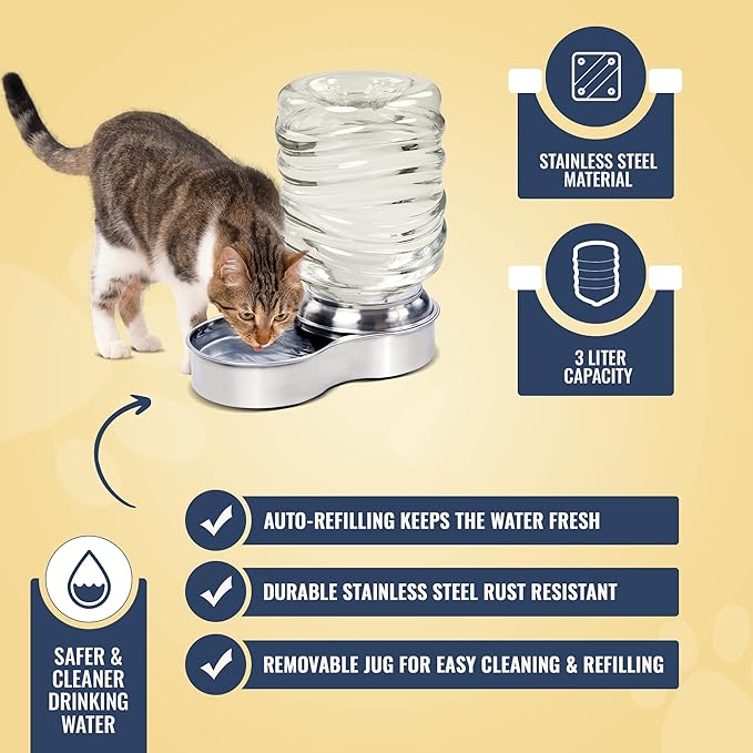 Bundaloo Dog Water Bowl Dispenser - Automatic Slow Refilling System Keeps Stainless Steel Drinking Dish Filled - Refillable 3 Liter Bottle, Non-Skid Feet - Clean, Safe, & Fresh Drink for Pet Dogs