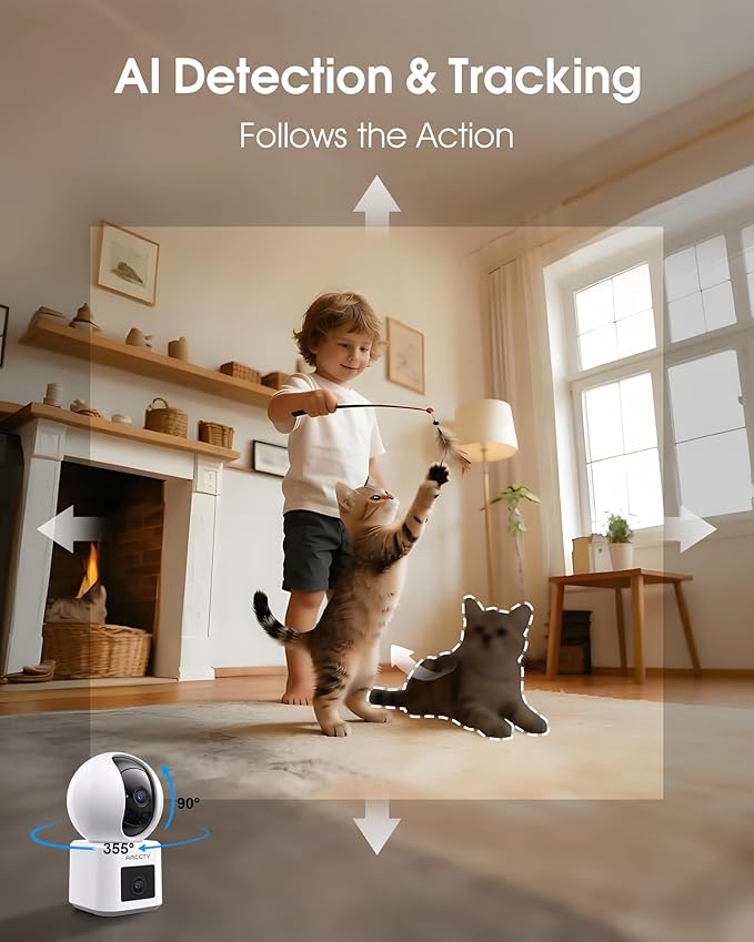 Dual Lens Indoor Security Camera, 2.5K WiFi 6 Pet Camera with Phone App, 360° Dog Camera for Home Security, 5GHz Wireless, 2-Way Audio, Motion Tracking, Night Vision, Baby Monitor