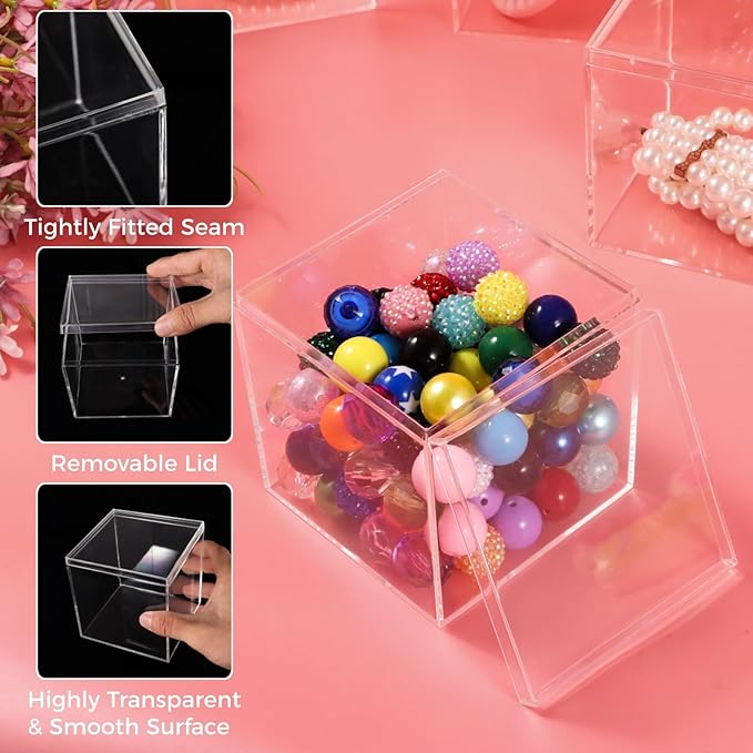 Homaisson 12 PCS Acrylic Square Cube 4 x 4 x 4 Inches, Small Clear Plastic Display Boxes with Lids, Clear Acrylic Storage Square Cube Boxes, Display Case Container for Candy Jewelry Tiny Items
