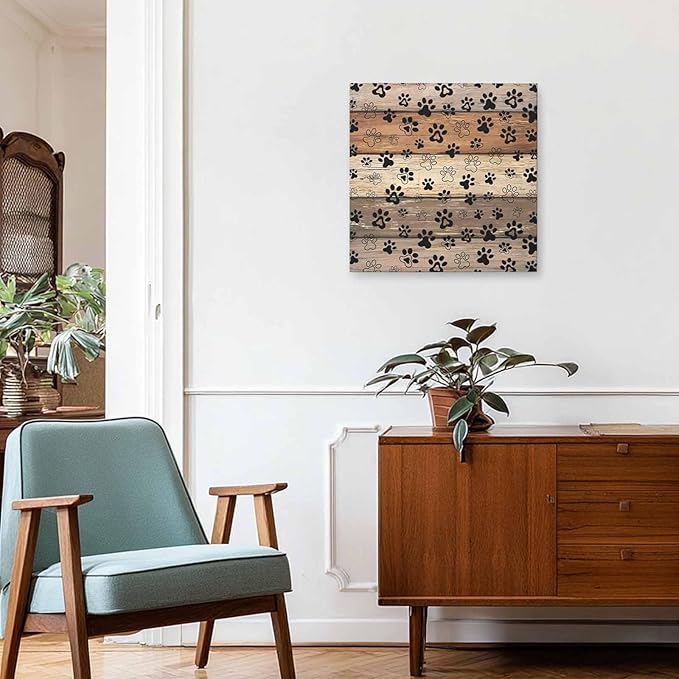 Framed Canvas Wall Art for Living Room Dog Paw Print Wall Decor, Retro Brown Wood Grain Aesthetic Paintings for Bedroom Office Kitchen Bathroom, Ready to Hang Artwork Wall Pictures 12x12 Inch