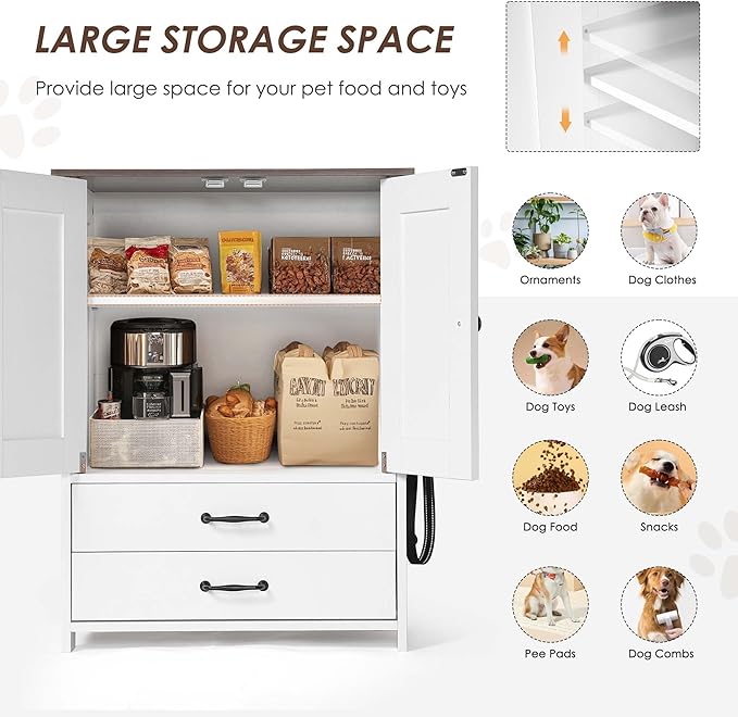Pet Feeding Station with Storage Cabinet - Dog Food Organizer with Pull-Out Drawers, Adjustable Height Bowls & 3 Hooks - 23.6” Pet Storage Cabinet for Dogs & Cats