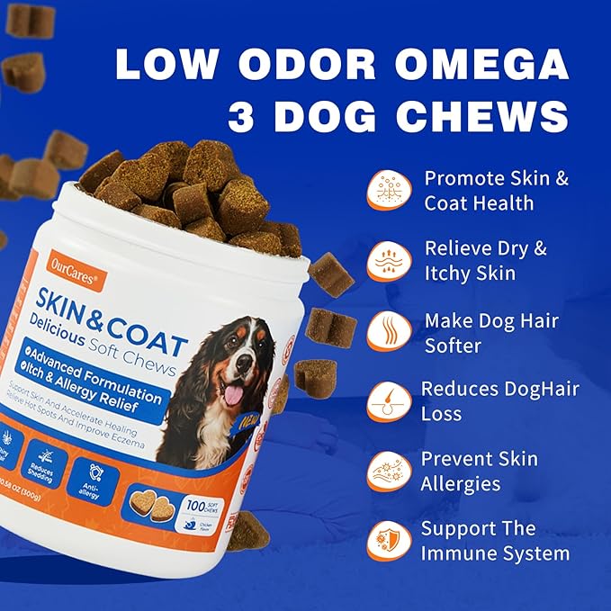 Fish Oil Soft Chews for Dogs, Omega 3 for Dogs Soft Chews, Dog Fish Oil Treats for Skin & Coat, Low-Fishy Formula, Daily Supplements for Dogs, Dog Food Companion (Chicken Flavor, 100 Ct)