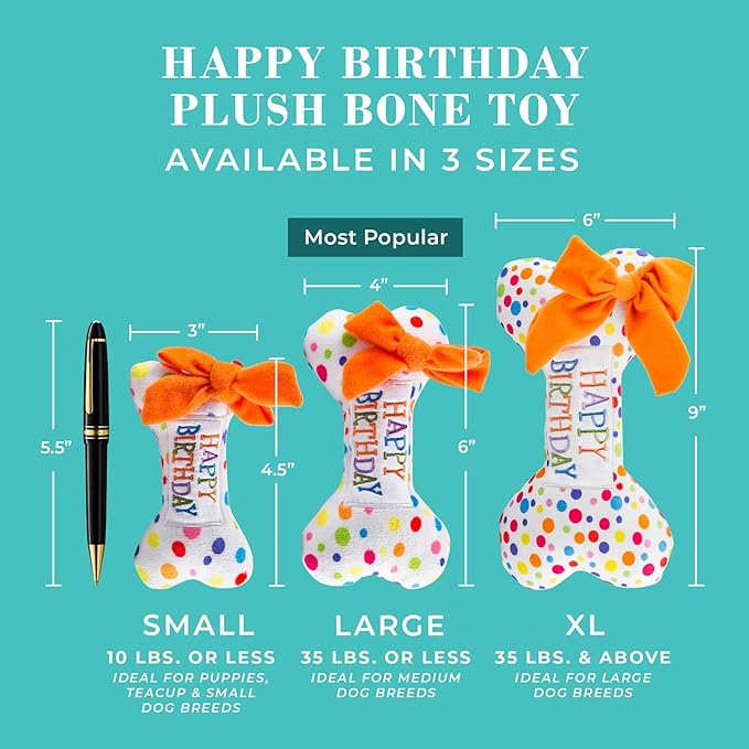 Haute Diggity Dog Happy Birthday Bone, Plush Designer Dog Toys with Interactive Squeaker, Stimulating Pet Enrichment, Machine-Washable & Safe Materials for All Breeds, Size XL