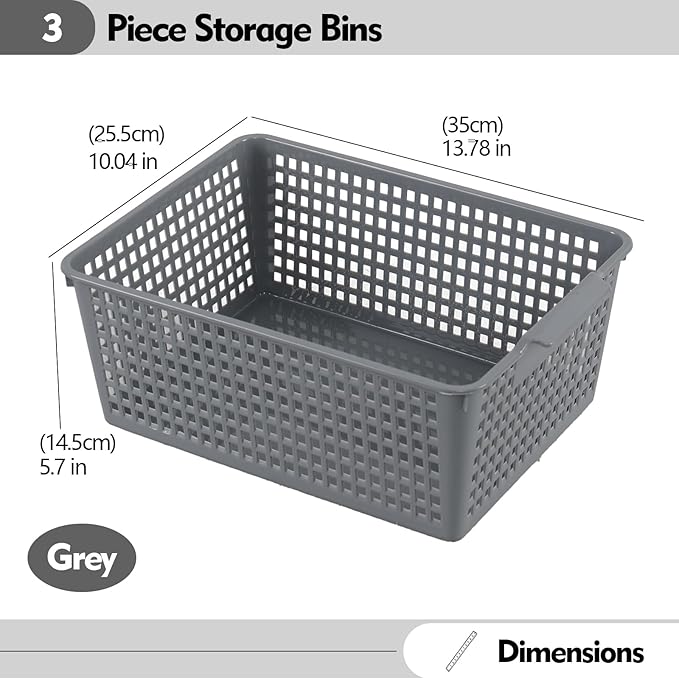 3 Pack Plastic Kitchen Storage Baskets, Rectangle Basket Set for Cabinets, Shelves, Countertops