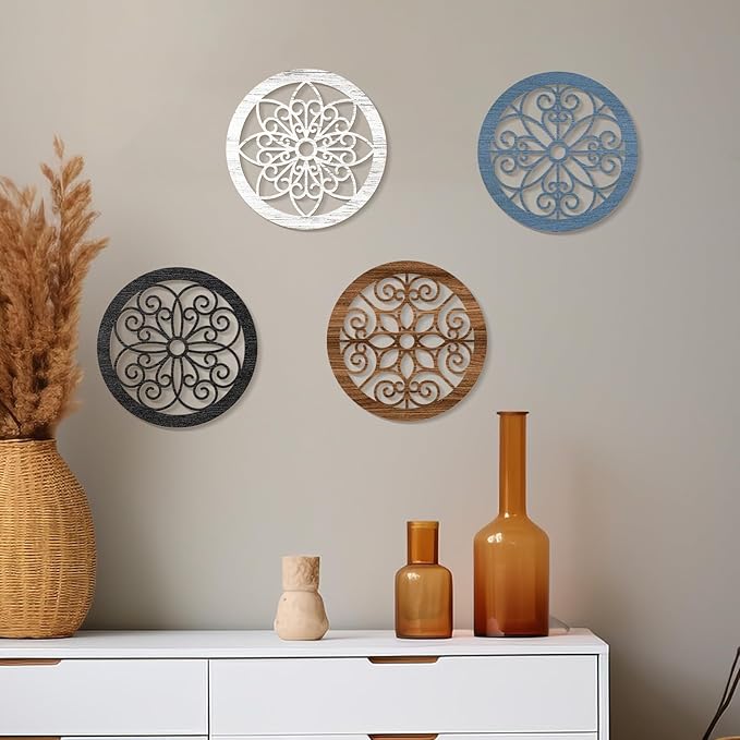 Zzbakress 4 Pieces Farmhouse Wall Decor Rustic Circle Wall Decor Wooden Hollow Carved Round Wall Art for Living Room Bedroom Kitchen Bathroom Home Wall Decoration (Elegant, Colorful)