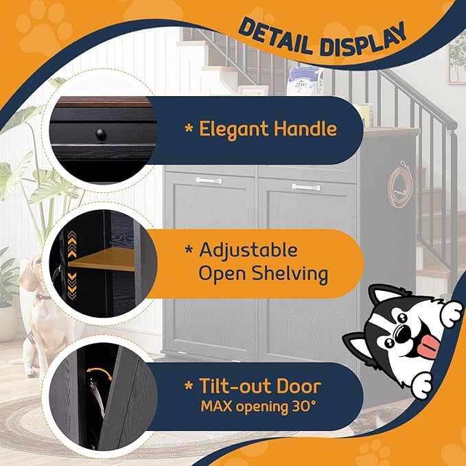 Double Door Dog Feeding Station with Storage,2X13 Gallons Tilt Out Trash Can Cabinet,Dog Food Cabinet with 4 pcs Dog Bowl for Kitchen/Living Room (Black, Double Door)
