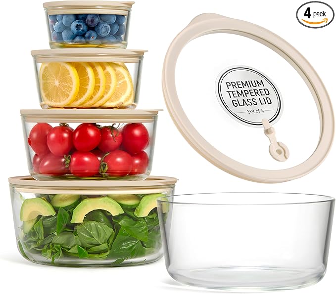 Glass Storage Container Set, Borosilicate Glass, Tempered Glass Lids, Baking Pan, Airtight with Vents, Microwave, Oven & Dishwasher Safe, (Circular - Set Of 4)