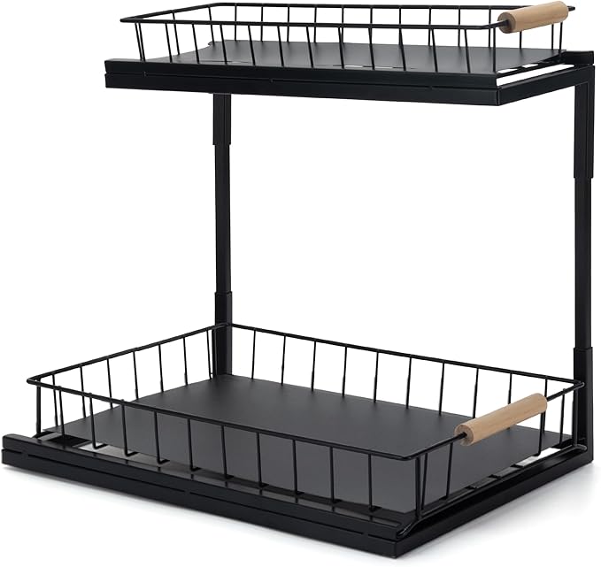 Under Sink Organizer, 2-Tier Pull-Out Cabinet Storage Shelf, Multi-Purpose Storage Racks, Metal Slide Out Drawer for Kitchen Bathroom Pantry Laundry Bedroom Closet, Black