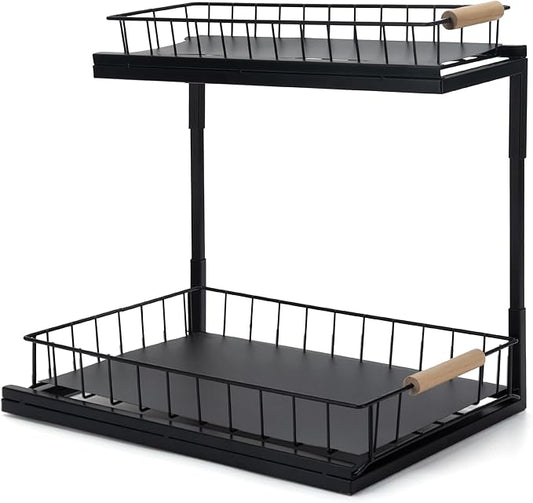 Under Sink Organizer, 2-Tier Pull-Out Cabinet Storage Shelf, Multi-Purpose Storage Racks, Metal Slide Out Drawer for Kitchen Bathroom Pantry Laundry Bedroom Closet, Black