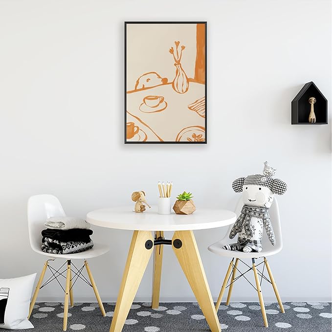 Cute Sneaky Dog Kitchen Poster Scandi Breakfast Coffee Canvas Wall Art Whimsical Abstract Animal Sketch Aesthetic Prints Painting For Living Room Kitchen Dining Room Wall Decor 24x36in Framed