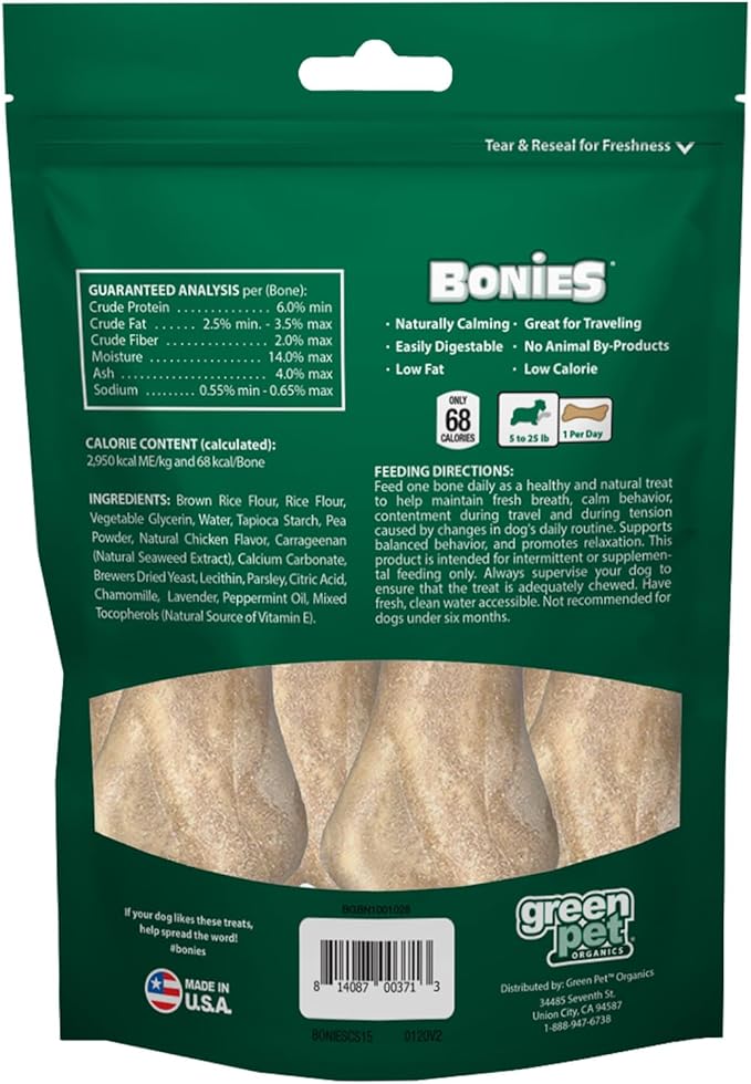 Bonies Natural Calming Formula Small-Sized Single Bone - Contains Chamomile & Lavender, Help Anxiety, Excessive Barking & Trembling, Chicken Flavor, Small Dog, 15 Bones