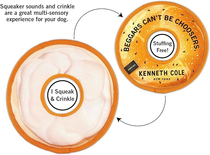 Kenneth Cole Stuffing-Free Durable New York Bagel Dog Toy – Chew-Resistant Nylon, Squeaker, Crinkle, and All-Day Play