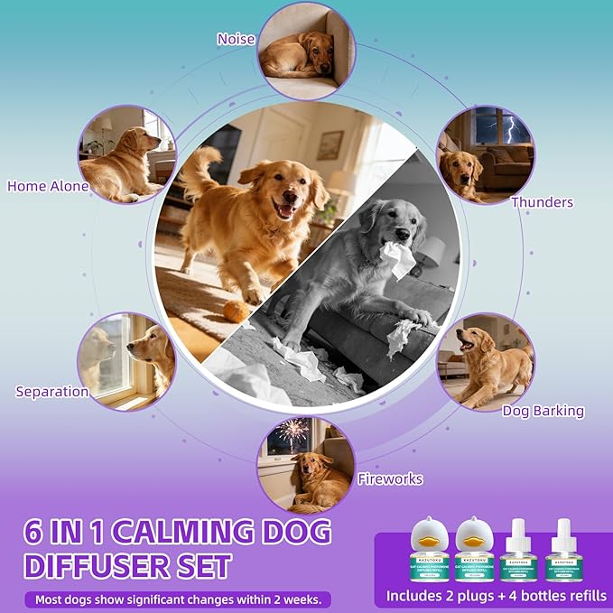 Dog Calming Pheromones Diffuser, 6 in 1 Kit Appeasing Pheromone Diffuser to Calm Dogs, with 2 Plug in Diffuser+4 Refill 48ml 120 Days Supply, Reduce Aggression Fighting Scratching Barking Stress