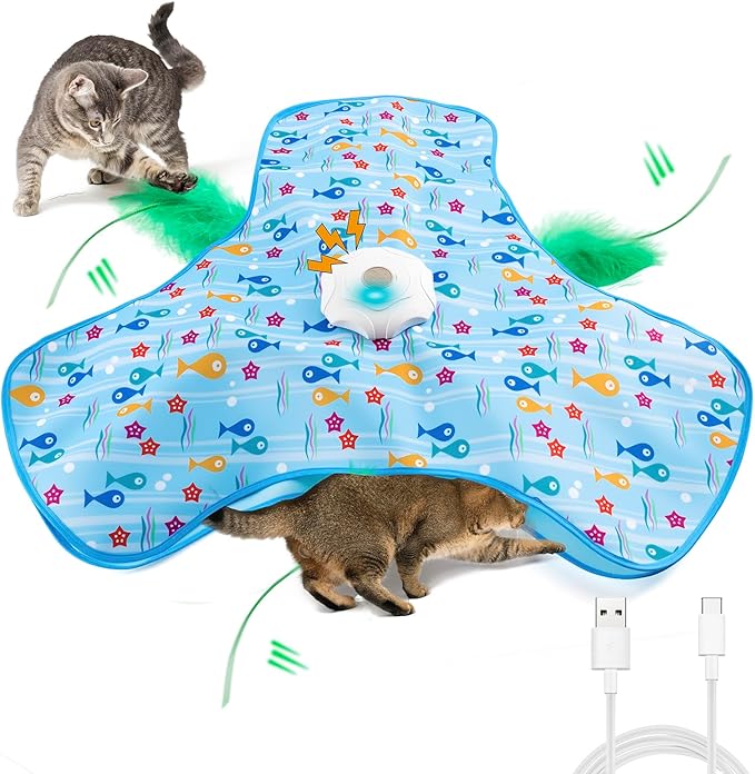 Interactive Cat Toy for Indoor Cats, Automatic Hide and Seek Motion-Activated Cat Toy with Moving Feather & Animal Chirps, USB Rechargeable Electric Cat Enrichment Toy for Bored Adult Cats & Kittens