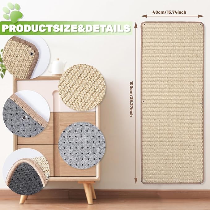 Natural Sisal Cat Wall Climbing Carpet, Wall Scratcher Carpet Mat Pad, Cat Climbing Wall, Tall Scratching Post, Wall Floor Couch Sofa Protector, Scratching Pad for Indoor Cats （39.3" Lx15.7 W, 1PC）