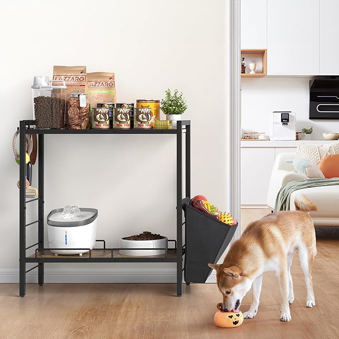 Elevated Dog Feeding Station, 23"D x11"W Large Raised Bowl Stand with Toy Basket Bin, 4 Height Adjustable Food Bowl Holder Cabinet Pet Storage Organizer for Medium Small Dogs Cats