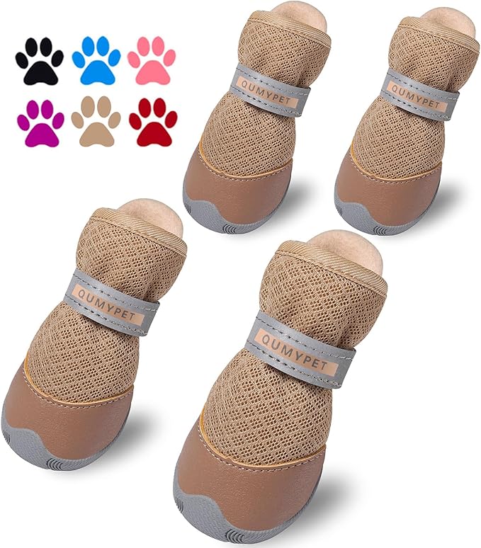 QUMY 4PCS Dog Shoes for Small Dogs, Hot Pavement Summer Puppy Dog Boots & Paw Protectors with Soft Anti-Slip Rubber Sole, Mesh Breathable Dog Booties for Hardfloors, Walking Running Khaki Size 3