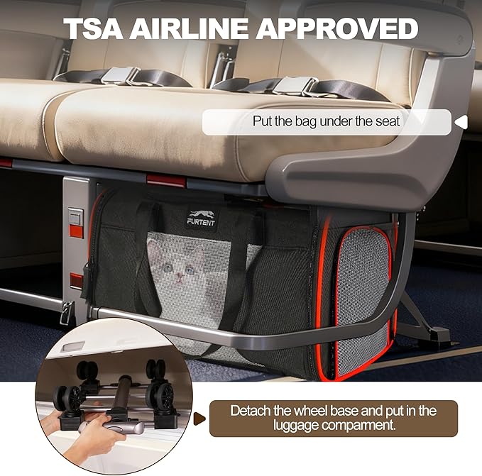 Pet Carrier Airline Approved with Wheels, Rolling Airline Cat Carrier Underseat up to 13lbs, Soft-Sided Cat Carriers for Kitten and Puppy with Shoulder Strap and Pet Bowl 16.5 * 11 * 10.2in, Black