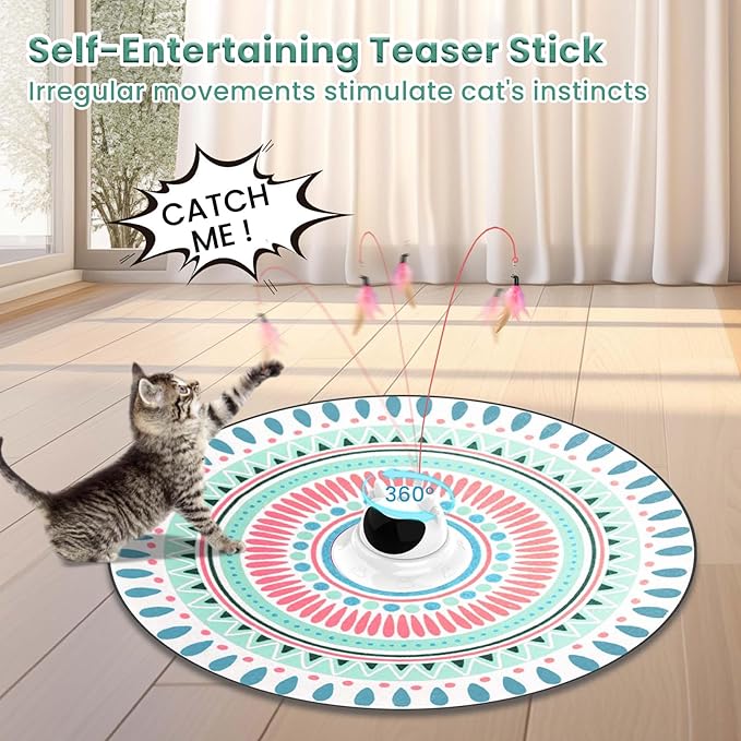 3 in 1 Automatic Interactive Cat Toy with Laser & Moving Feather, Hide and Seek Rechargeable Cat Toys for Indoor Cats, Exercise Laser Pointer Teaser Wand to Reduce Boredom