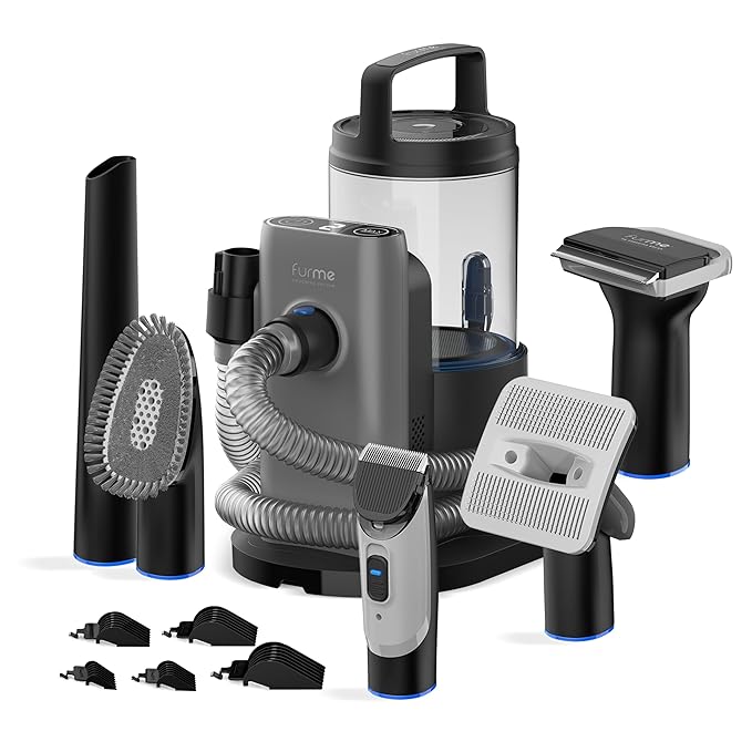 FurMe Original Pet Grooming Vacuum Kit - Cat & Dog Grooming Kit for Easy Pet Care at Home, Quiet & Safe Dog Hair Remover Machine with Brush, Clipper, Shedding & Cleaner Tools & 1L Canister