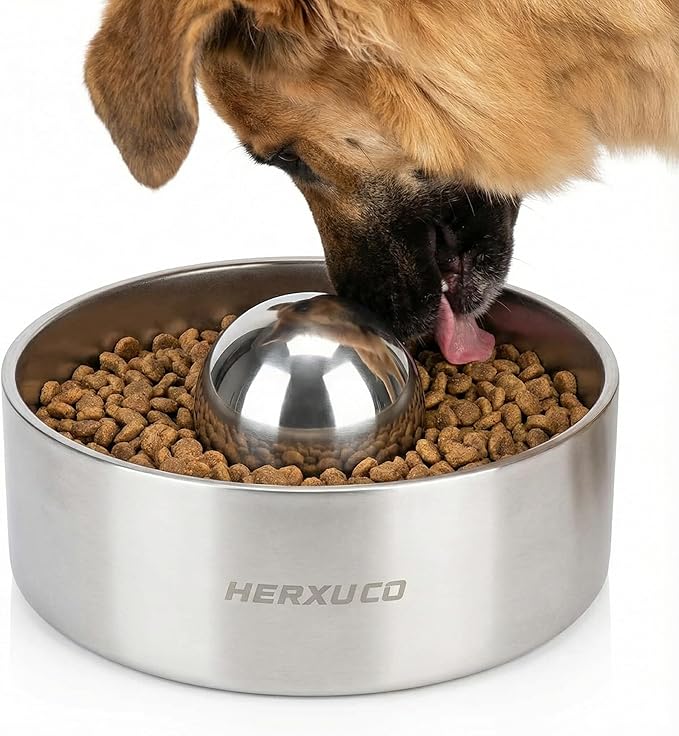 Stainless Steel Dog Slow Feeder – 2-in-1 Pet Bowl 64oz & Slow Feeder Ball 3.6in – Spherical Design Slows Eating & Use Separately or Together (Large)
